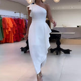 Zingj 2023 New Fashion Solid Color Diagonal Lace Sleeve Slit Sexy Skirt-Outfit