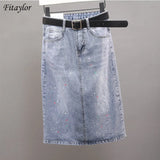 2021 New Spring Summer Women Vintage Loose A-line Light Blue Cowboy Skirts Mid Length Denim Skirts with Belt
