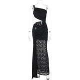 Sheer Draped One Shoulder Cut Out Maxi Dress- Outfit