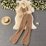 Zingj Vacation Suit Sexy Hanging Neck Wipe Chest Strap Top Hollow Out Knit Wide-Leg Pants Two