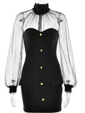 Sheer Long Sleeve Mock Neck Bodycon Mini Dress- Outfit