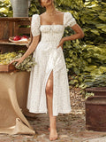 Floral Print Dress Sweet Square Neck Puff Sleeve Side Spilt Drawstring Maxi Dresses for Women Party Chic Casual