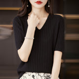 Zingj The Summer Of 2023, Women's Knit Short Sleeve Korean V-Neck Solid Color T-Shirt And A Pit Top-Outfit