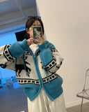 Deer Jacquard Hooded Knitting Zipper Cardigan- Outfit