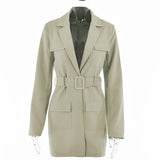 Spring Notched Collar Blazer Women Jacket Belt Slim Long Sleeve Pocket No Button Style Femenino Office Ladies