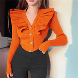 V Neck Sweater Cardigan Women Full Sleeve High Stretch Knit Sweaters Shirts For Slim Girls Autumn