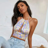 Y2K Bohemian Floral Print Crop Top Summer Beach Style Sexy V-neck Backless Halter Cami Top Women Aesthetic Streetwear 211-1-Outfit