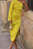 Asymmetrical Long Dress Women Yellow Satin Dress Woman One Shoulder Elegant Party Dresses 2023 Ruched Midi Summer