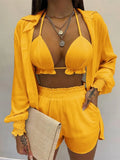 Sleeve Shirt &amp; Pocket Design Shorts Sets With Frill Hem Crop Top Set Women's Shorts and Top Sexy Outfits for Woman