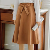 Women Skirt High Waist Pleated Knee Length Skirt Vintage A Line Big Bow