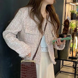 New Fashion Korean Chic Vintage Tweed Woolen Jacket Coat Women Autumn Single Breasted Plaid Tassel Office Lady