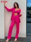 Casual Green Satin Three Piece Sets Womens Outifits Autumn Long Sleeve Shirts Camis Bra And High Waist Trousers Female