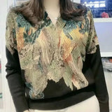 Winter Landscape Printing Diamonds Elegant Fashion Sweater Ladies 6XL Loose Casual All-match Pullover Top Knitting