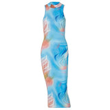 Women Summer Fashion Backless Sleeveless Printed Bodycon Slim Pencil Dress 2021 Female Clothing Streetwear
