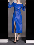Spring Autumn Cool Blue Pu Leather Maxi Biker Dress Women Zipper Belt Off Shoulder Elegant Luxury Designer Clothing