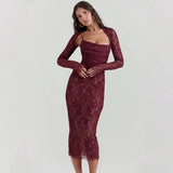 Red Lace Sheer Removable Sleeve And Lace Up Midi Dress- Outfit