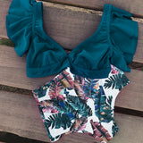 Broken Flower Vintage High Waist Bikini 2025 New Sexy Leaf Side Vest Deep V