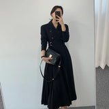 Women Elegant Pleated Shirt Dresses Full Sleeve Slim Double Breasted Sashes Dress Chic Female Office Lady Maxi