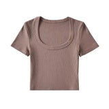 Zingj Trendy Women's Sexy Large U-Collar Short Navel Blouse Tight Solid Color Pullover Short-Sleeved