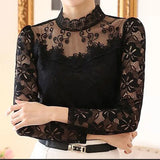 Summer Stand Collar Sexy Lace Hook Jacquard Hollow Out Pullover T-shirt Top Women Elegant All-match Long Sleeve Slim