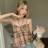 Bohemian Bandage Plaid Female Clothing Top Sleeveless Streetwear Tank Tee Y2K Women Fashion Basic Vest Sexy Cami