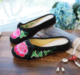 Zingj Retro Plate Buckle Decoration Peony Embroidered Canvas Summer Color Cool Slippers
