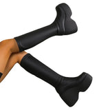Bottom Slope And Boots 2025 Autumn And Winter New Leather Elastic Mid-Sleet Boots Women Large Size Casual Knight