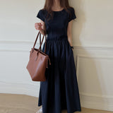 Zingj Chic Summer Simple Temperament Round Collar Fold Closed Waist Show Thin Short Sleeve Large Swing T-Shirt Dress Long