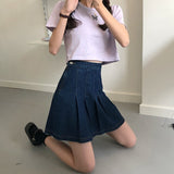 Harajuku Denim Skirt Women Summer Pleated Skirt Fashion High Waist Leisure Retro Skirt Female