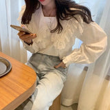 Blouses Long Sleeves Shirts OL Lace Solid Female Sailor Collar Elegant Fashion New Korean Style Cute All-match