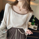 Zingj Versatile Top Retro Square-Neck Long-Sleeve Undershirt With White Loose Sweater Six Wool