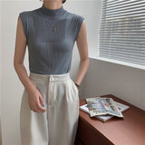 Sleeveless Knit Top Women Turtleneck Summer Korean Fashion Bodycon Corset Tank Top White Beige Khaki Fashion Top