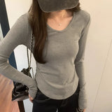 Pleated Waist Bottomed T-Shirt Women's New Hair-Grabbing Multicolor Shoulder Long-Sleeved T-Shirt In Autumn And