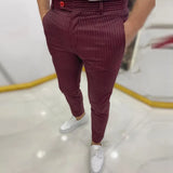 Spring Autumn Mid Waist Skinny Long Pants Business Casual Men's Slim Trousers Fashion Striped Printing Pencil Pants For