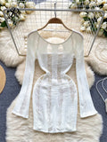 Streetwear Fashion Hollow Out Beach Dress Women Long Sleeves Backless Midi Dress Elastic Slim Knitted Sexy Short