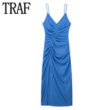 Blue Slip Long Dress Women Ruched Elegant Party Dresses For Women 2023 Backless Sexy Summer Woman Dress Evening