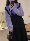 French Vintage Knitting Midi Dress Women Black Loose V-neck Long Sleeve Dress Elegant Office Lady Turn-down Collar