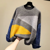 o neck hedging denim stitching contrast sweater women autumn winter all-match long-sleeved sweater loose lazy wind