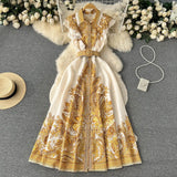 Zingj New Design Feel Lotus Leaf Edge Retro Lapel Medium-Long Style Waist Court Style Sleeveless Print Dress