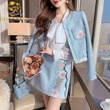 2021 New Autumn Winter Women Sets High Quality Embroidery Vintage Jack Tweed Coat and Mini Skirt Two Piece