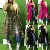 Style Patchwork Mesh Coats Zip Up Women Long Sleeve Casual Ruffled Mesh Sheer Patchwork Long Jacket