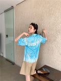 Gradient Blue Hawaiian Shirt Summer 2022 Womens Fashion Button Up Collared Shirt Blouse Short Sleeve Striped