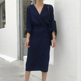 Women Casual V-neck Cotton Linen Midi Dress Full Sleeve Lace Up Female Elegant Solid