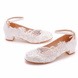 3 Cm Square-Shaped Round-Headed Single-Shoe Wrist Strap Single Shoe Spring And Autumn Lace Wedding Shoes Women's Small White
