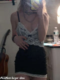 Y2K Vintage Deep V-neck Lace Trim Cami Dress E-girl Fashion Backless Spaghetti Strap A-line Party Dresses Black