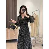 Zingj Chiffon Floral Long-Sleeved Dress Female 2024 Summer New Feeling Waist Show Thin Black Long Skirt-Outfit