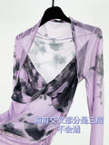 Zingj Purple Hot Girl Top Design Feeling Dizzy Dye V-Neck Long-Sleeve T-Shirt Female Summer Waist Show Thin Mesh Sunscreen