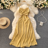 2022 Summer Women Satin Slip Dress Backless Spaghetti Strap Bow Tunic Belted Elegant Vacation Sexy Party Midi