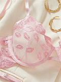 Sheer Lips Heart Embroidery Lingerie Set- Outfit