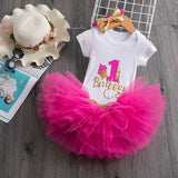 Headband Short Sleeve Top and Tutu Dress Outfits 3pcs for 1 Year Baby Girls First Birthday Party Cotume Newborn